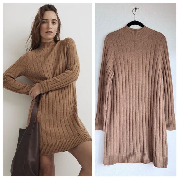 NWT Madewell Women's Ribbed Mini Sweater Dress in Heathered Caramel Size Large - Picture 1 of 15